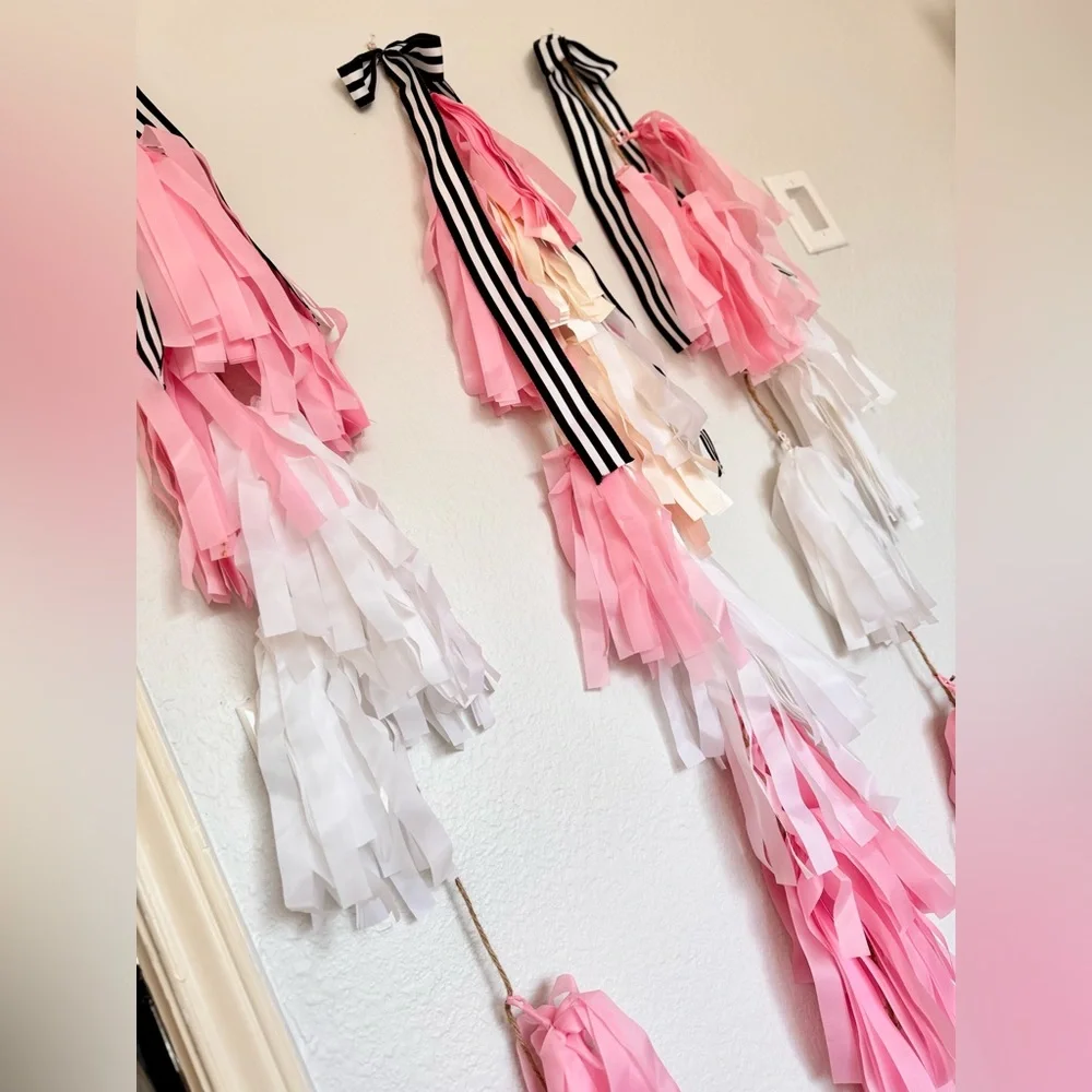 48” Set of 3 Elegant Pink & White Tassel Garland Streamers for Party, Wedding